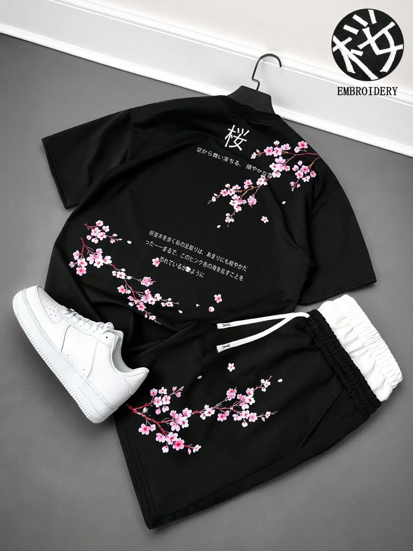 Y2K Asian Streetwear Matching Two Piece Set For Men, Black Cherry Blossom Sakura Japanese Text Print Oversized Tee & Drawstring Shorts Outfit, Breathable Loose Summer Tracksuit Set For Hip Hop Concert Casual Daily Wear