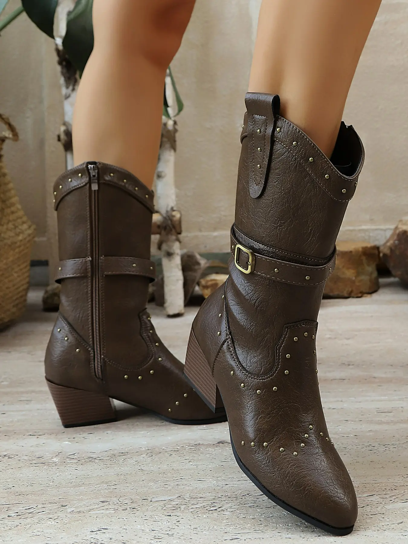 Rhinestone Buckle Western Cowboy Boots, Pointed Toe Thick Heel Side Zipper Mid-Calf Women's Shoes, Vintage Distressed Rhinestone Mid-Calf Boots
