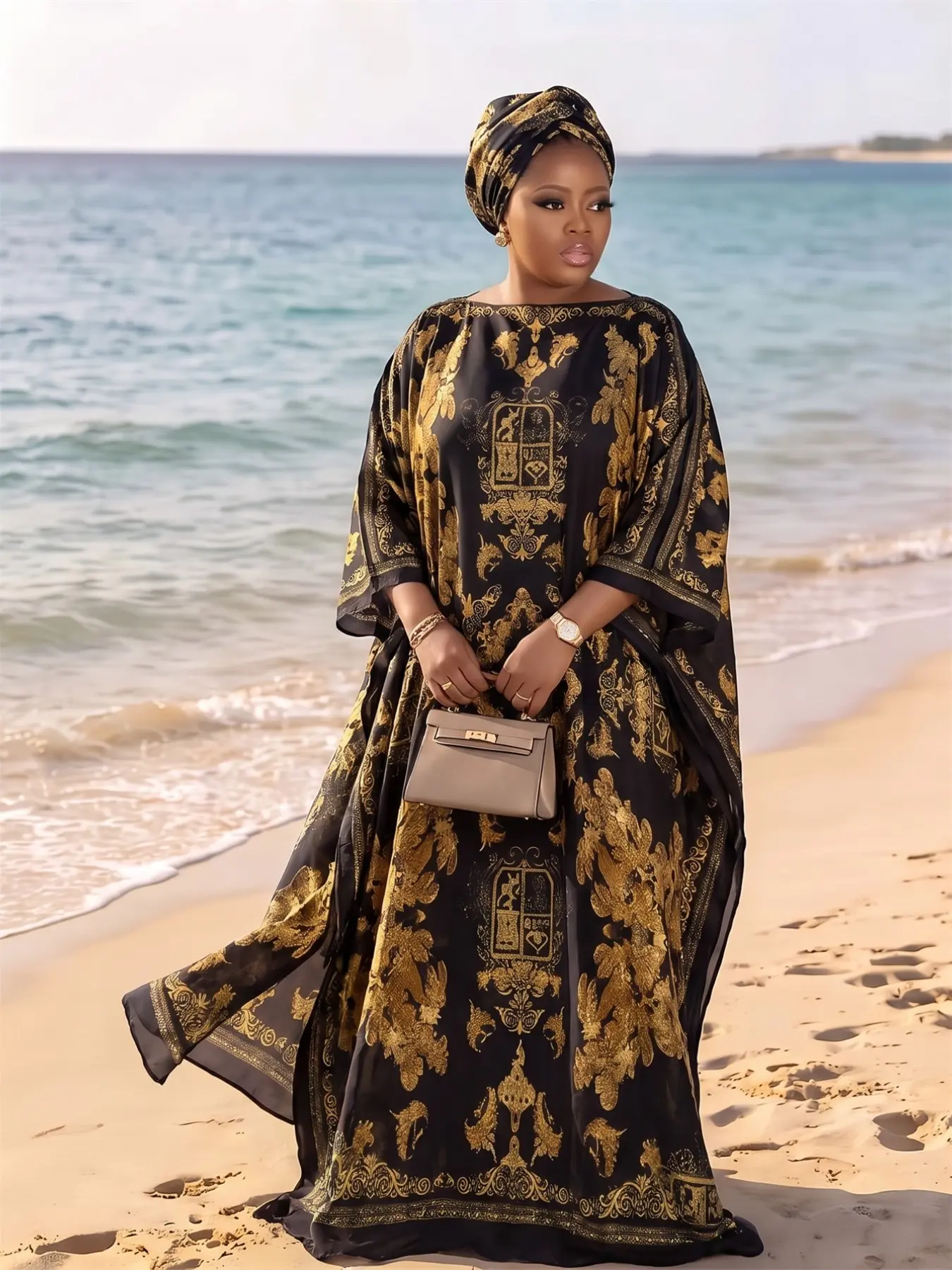 Women's Gold Vintage Baroque Print Satin Kaftan Maxi Dress, Matching Hijab Scarf Set, Luxurious Beach Cover-Up, Modest Swimwear