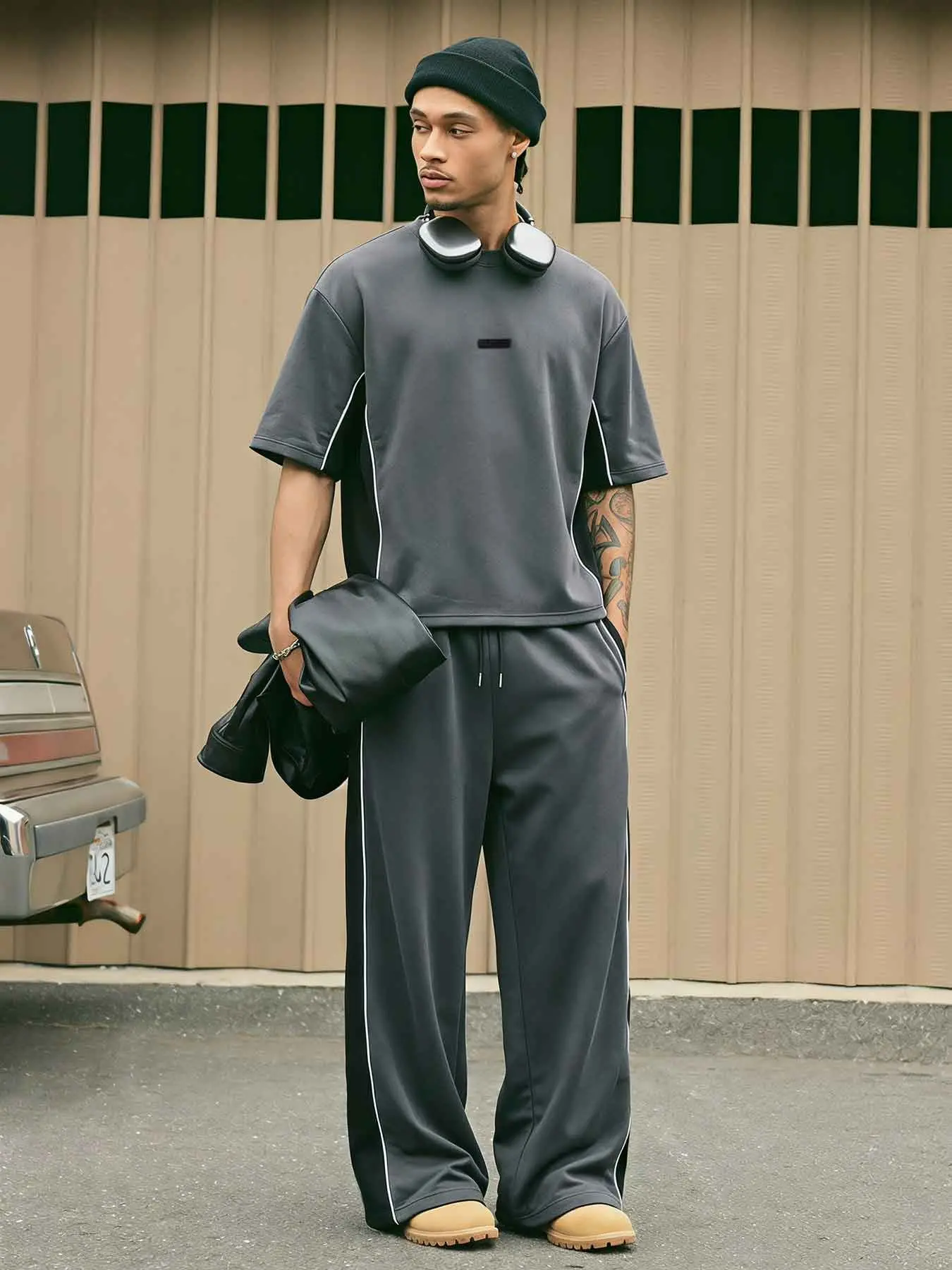 Men 2 Piece Matching Outfit Dark Grey Side White Piping Crew Neck Short Sleeve & Wide Leg Sweatpants Tracksuit, Casual, Streetwear Matching Air Fabric Loose Fit Co Ord Set Unisex Side Stripe Oversized Tee Drawstring Pants, Breathable Ai