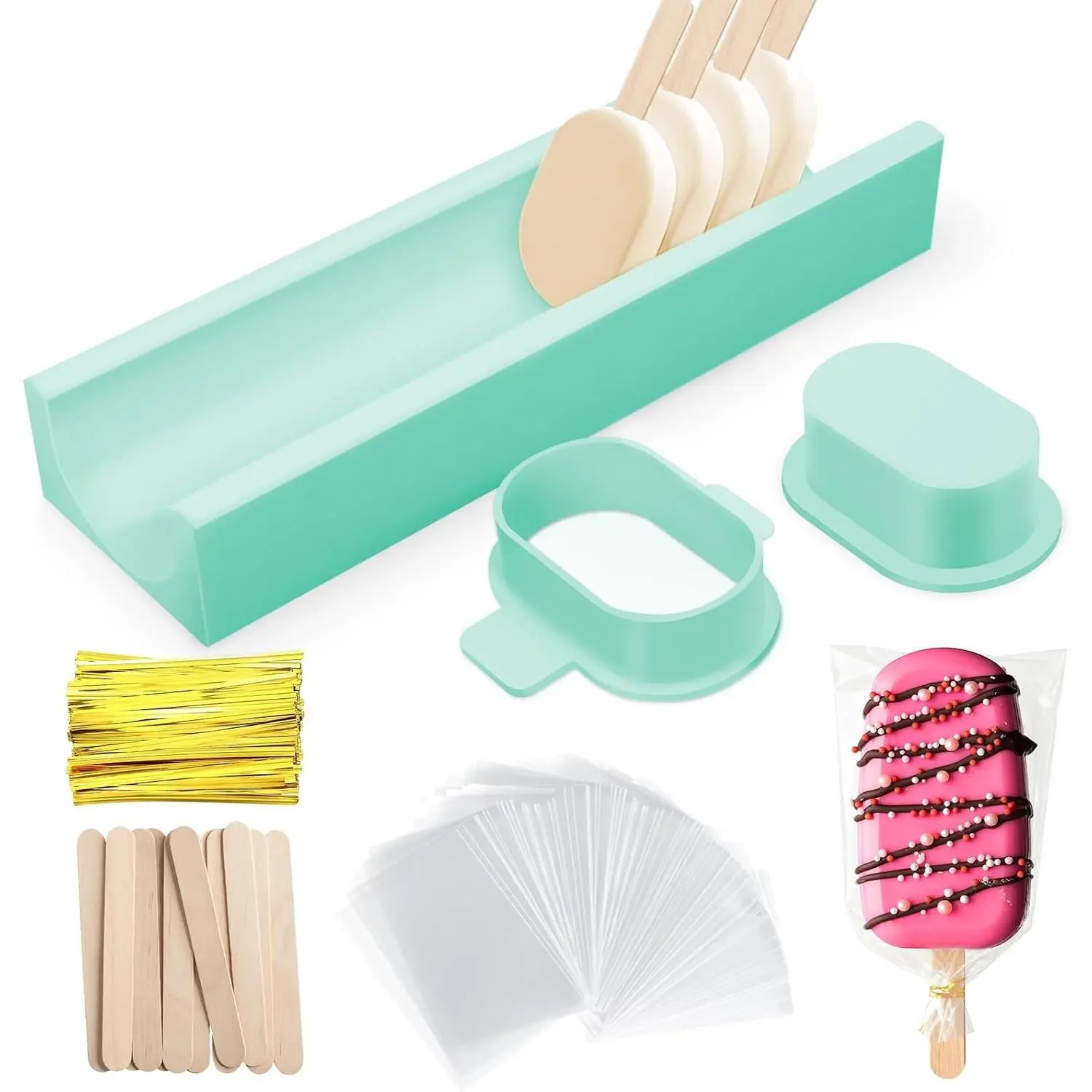 3 Inch Cakesicle Cutter and Cake Pop Mold Set with 8.7in Tray, 100 Wooden Sticks & 100 Bags, Silicone Cakesicle Mold for Homemade Cake Pops, Baking, Birthdays and Party Desserts (Turquoise)