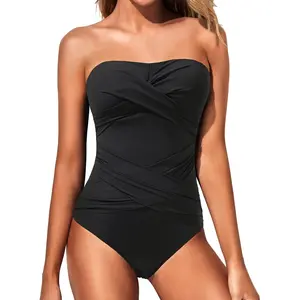 Holipick Women Strapless One Piece Swimsuits Tummy Control Bandeau Bathing Suits Retro Slimming Swimwear DealsForYouDays