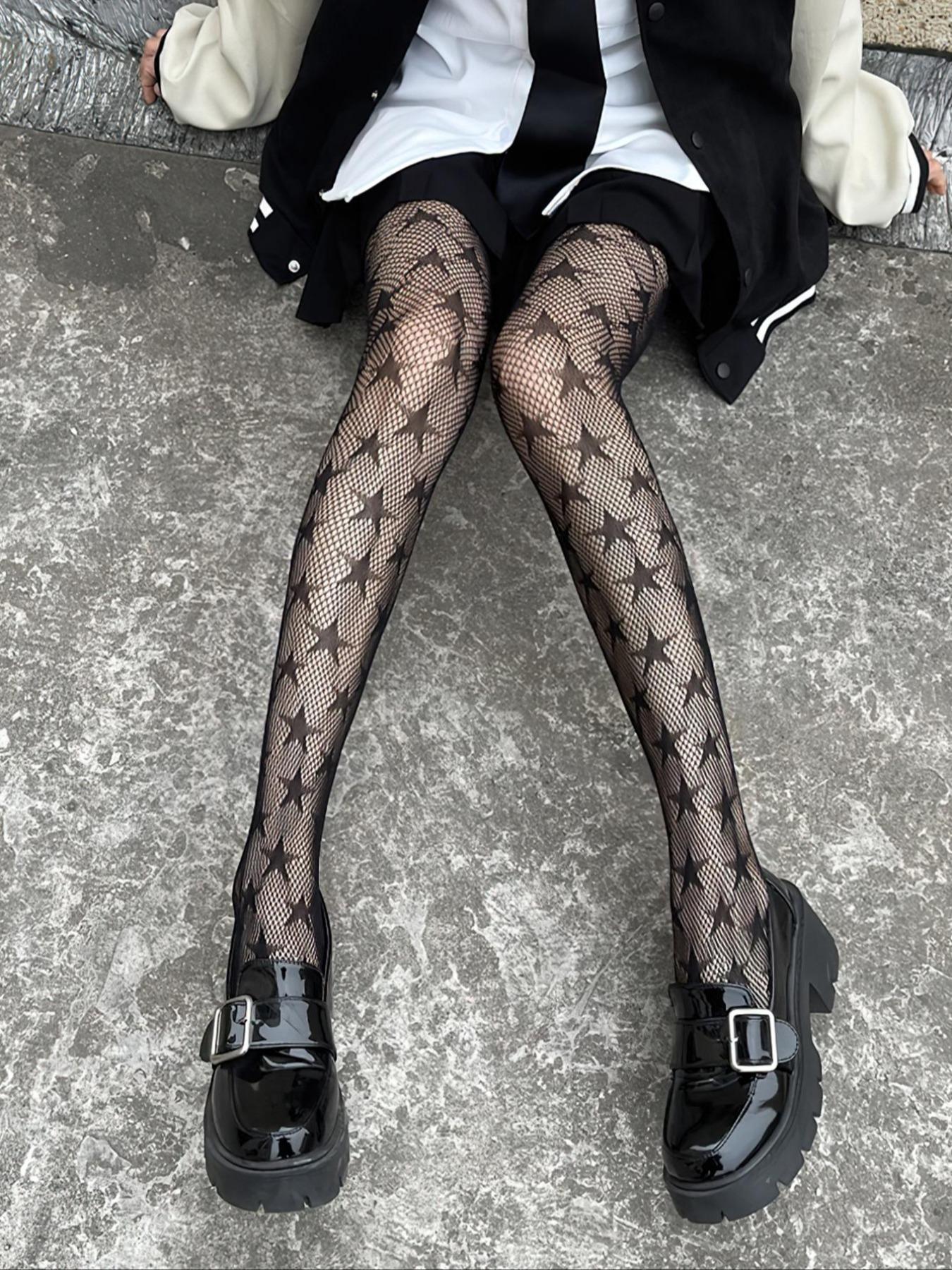 Women's 1 Pair Star Print Sheer Fishnet Tights, Fashion Casual Comfy Hollow Out High Waist Pantyhose for Daily Outdoor Wear, Women's Stockings for Spring & Summer Underwear