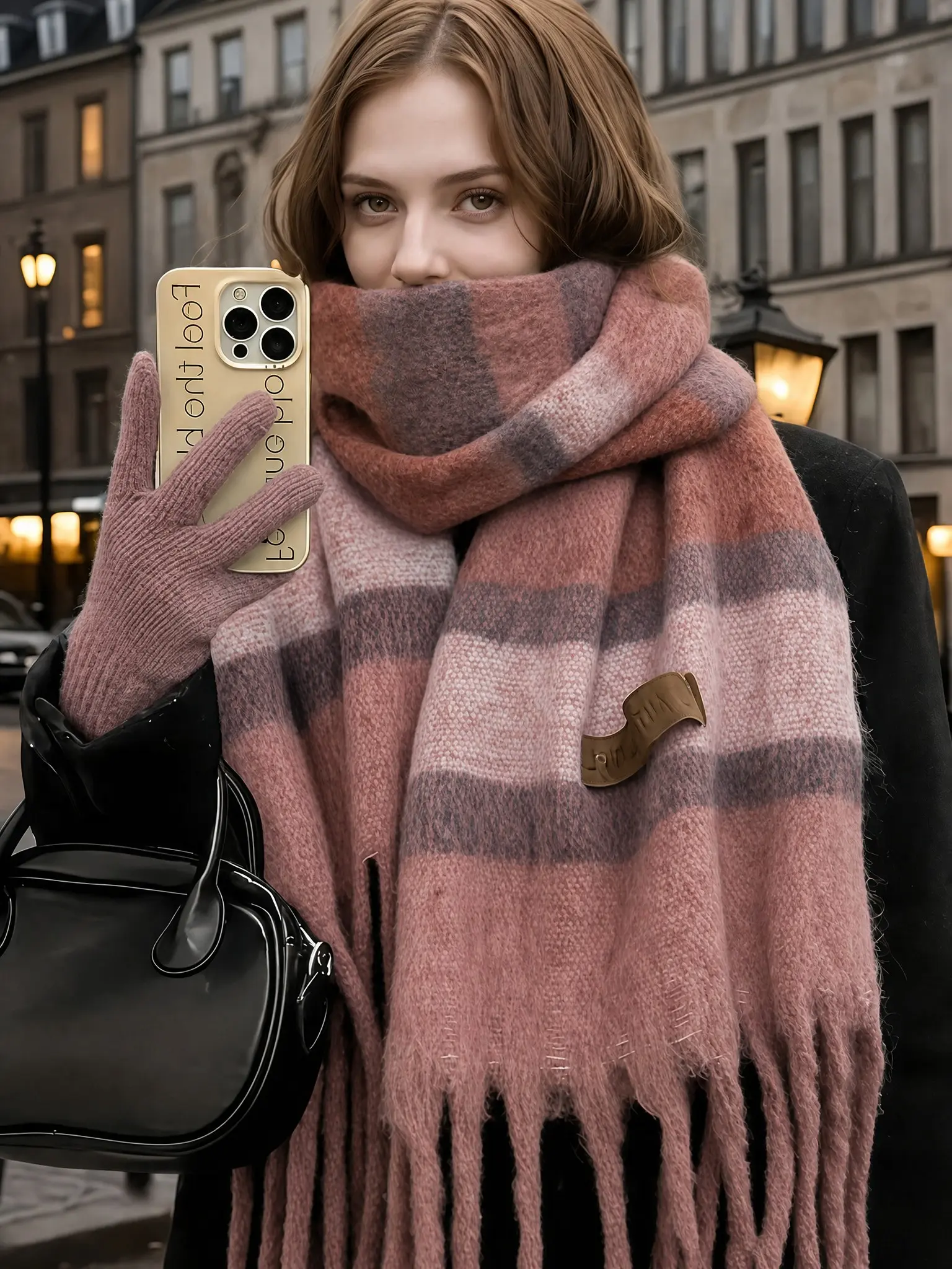 Women's Colorful Striped Tassel Faux Cashmere Scarf, Fall Winter Warm Long Scarf, Preppy Style, Unlined, Plain Pattern, Fitted