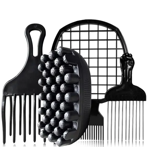 4Pcs Afro Kinky Black Hair Freeform Twists Styling Kit - Curl Define Brush, Nylon Bristles Metal Tool, Comb Design Hair Pick, Twist Tool - Gentle Scalp Coily Styler for Curl Transformation & Protective Styles