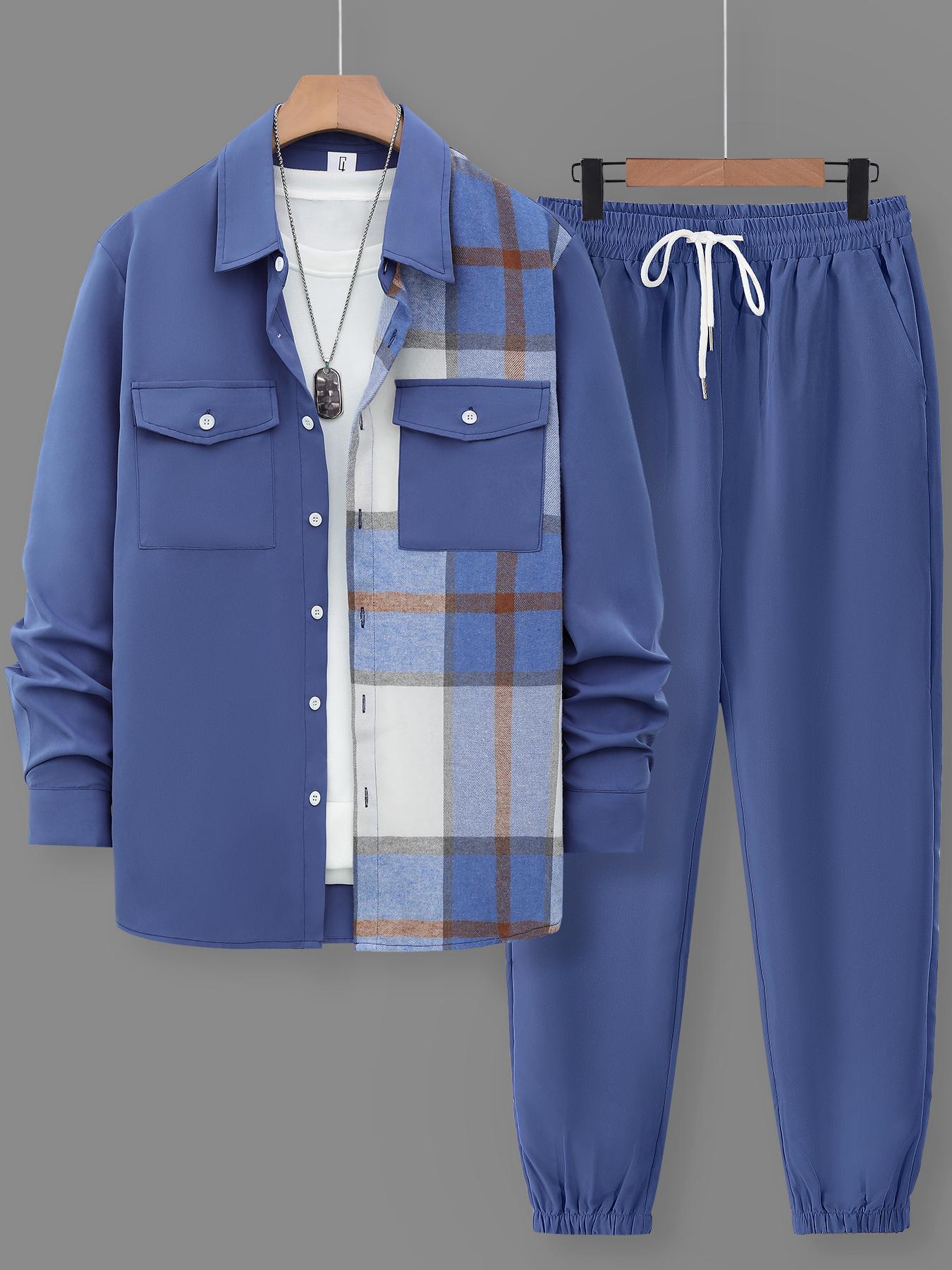 Men's Plaid Patchwork Shirt & Belted Pants Set, Casual Two-Piece, Comfortable Loose Fit, Long Sleeve Top & Pants Sleepwear
