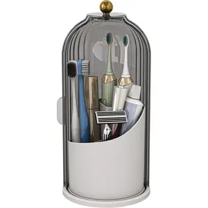 18ACTIVEKITDustproof Toothbrush Holders with Cover, Rotating Electric Toothbrush and Toothpaste Holder for Bathroom Countertop, 3 Slots Makeup Brushes Organizer, Grey White