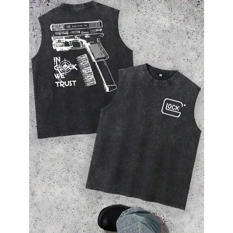 Men's Retro Washed Sleeveless Muscle Tank Top - Casual Fit, Crew Neck, Bold Vintage Industrial Line Art-Minimalist Text Graphic Print, Sleeveless Gym Tops, Vests, Everyday Streetwear, Menswear Clothes