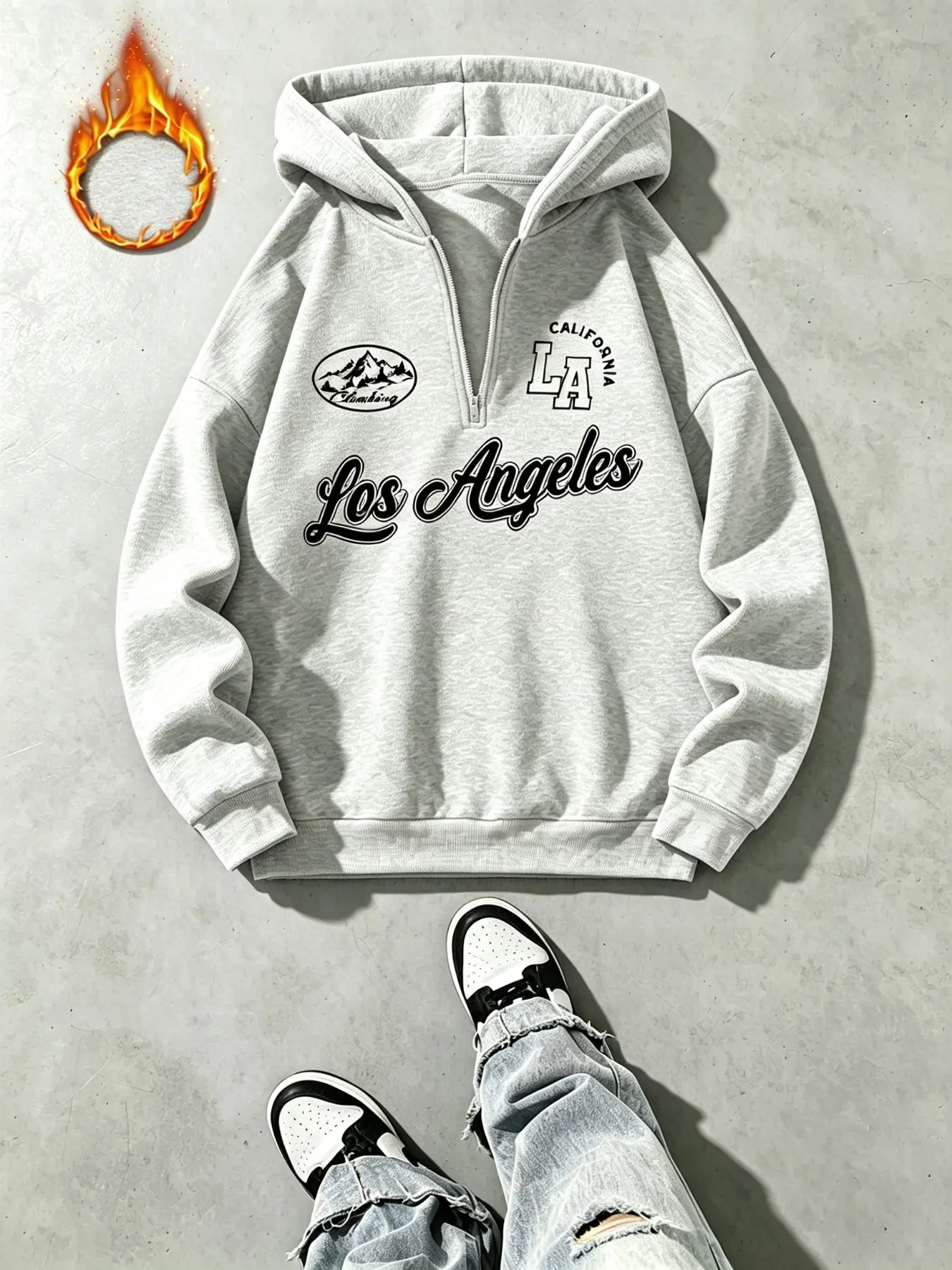 Unisex Half Zip Hoodie, Casual, Los Angeles California LA Mountain Graphic Print Oversized Fleece Lined Pullover Hooded Sweatshirt, unisex clothing, boyfriend gifts, mens fashion, mens holiday outfits, Loose Streetwear Hoodies For Daily