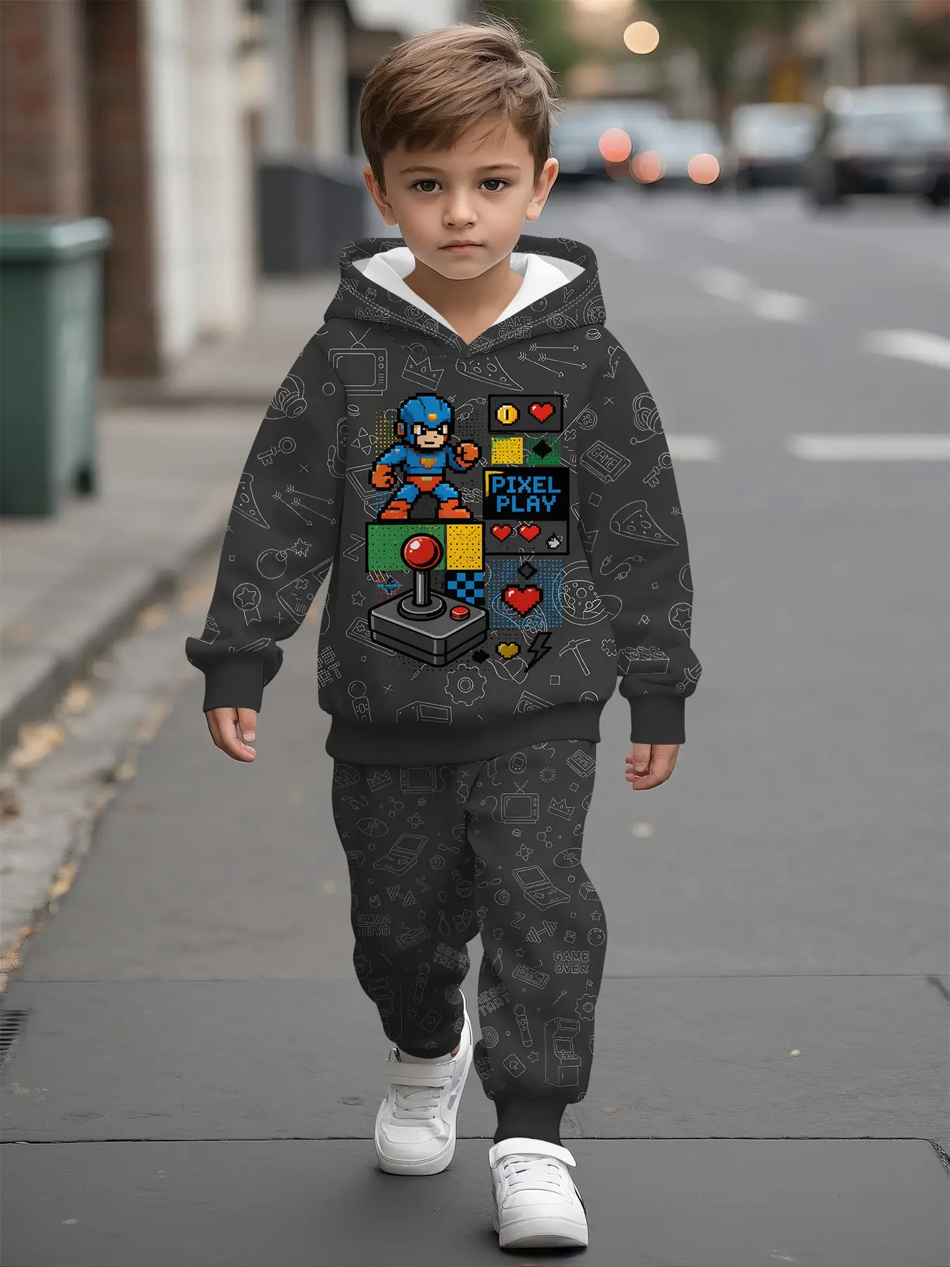 Pixel Game Console Digital Print Boys' Hooded Sweatshirt Set, Casual Comfortable, Perfect for Daily Wear, Trendy Gift for Boys
