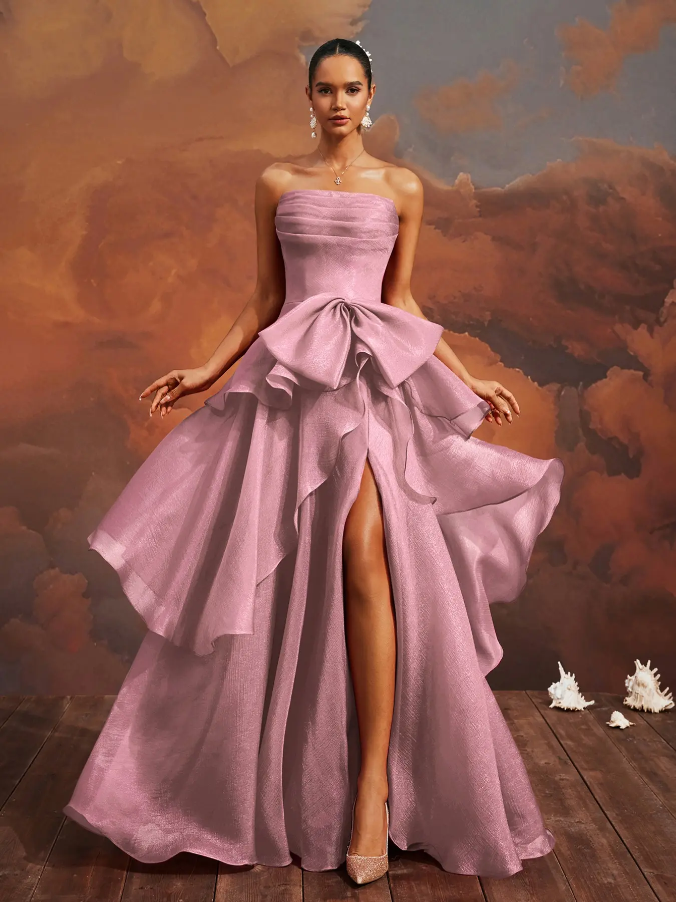 Elegant Strapless Bow Tiered High Slit Dress, Floor-Length Formal Evening Gown, Women's Cocktail Party Dress, Princess Bridesmaid Dress, Wedding Guest Dress, Elegance