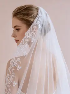 Elegant Lace-Trimmed Wedding Veil — Mantilla Veil 90cm Bridal Veil featuring Delicate Floral Embroidery on Soft Tulle; A Classic Ivory, Fingertip-Length Veil Perfect for Wedding Ceremonies and Photography Wedding Veils for Brides