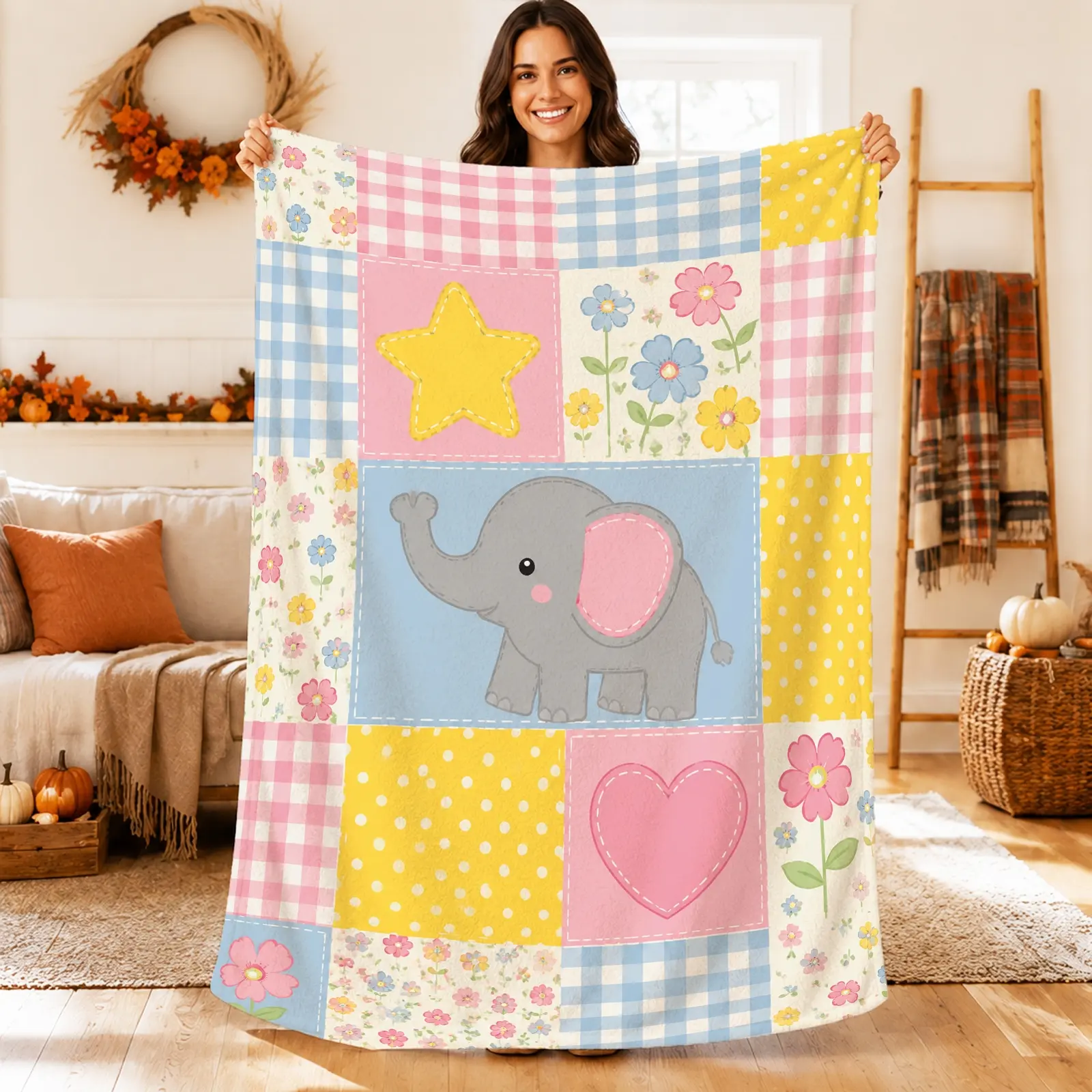 1pc Elephant Star Heart Floral Blanket, Cute Cartoon Style, Playful Patchwork Design with Pastel Colors and Adorable Animal Graphics, for Nursery Toddler Room Baby Shower and Kids Gift