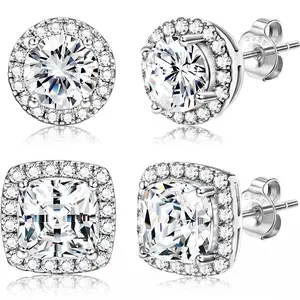 Women's Luxury 4-Piece Halo Zircon Stud Earring Set - Available in Gold/Silver Two-Tone and Round/Square Styles; Hypoallergenic Material - A Gift for Her; Includes Ear Backs and an Exquisite Jewelry Box - The Perfect Gift for Her.