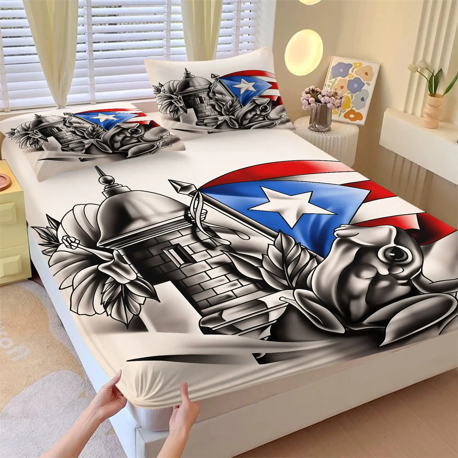 Puerto Rican Black-White Vintage Tattoo Fitted Sheet Set, 1 Bed Skirt and 2 Pillowcases, Classic Regional Cultural Symbols Depicted in Sketches, Soft Breathable Deep Pocket Design, Dark Personality Bedroom Decor