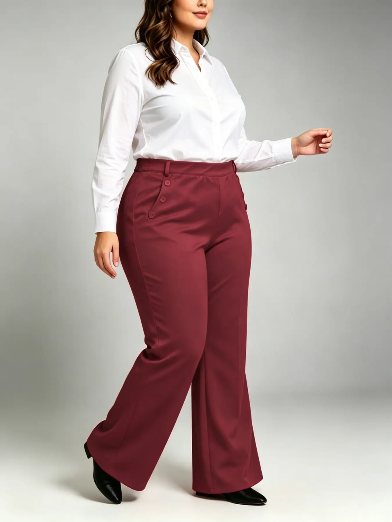 Plus Size Solid Button High Waist Micro Flare Pants, Elastic Slimming Commuter Casual Versatile Bell Bottom Long Pants