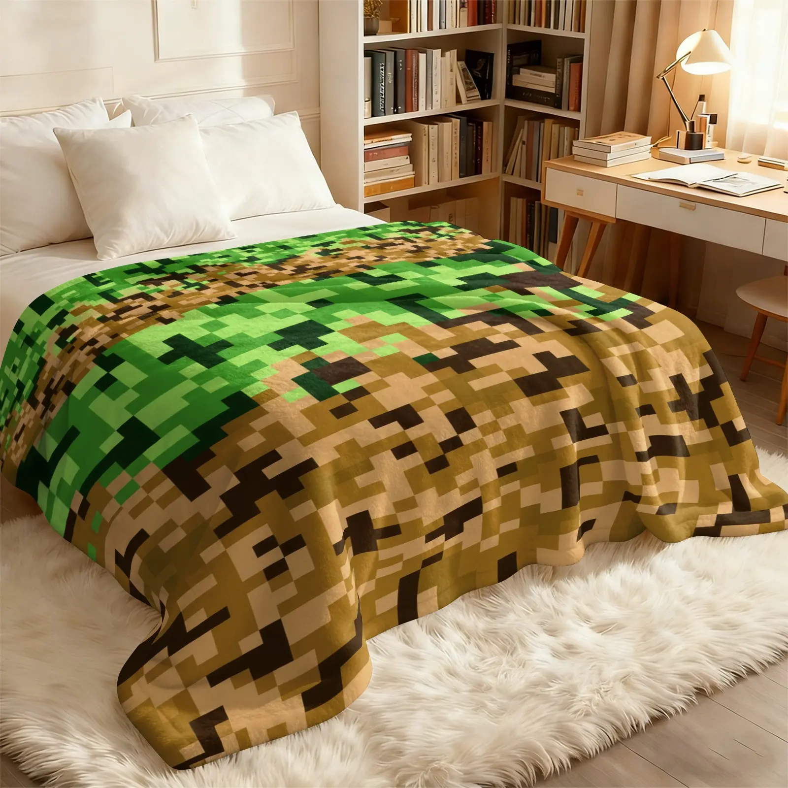 Pixel Game Grass Block Dirt Block Print Flannel Throw Blanket, Soft Lightweight Cozy Plush Blanket, All Season Decor Nap Throw For Sofa And Bed. Classic Sandbox Game Pixel Pattern Blanket, Ideal For Teen Boys Living Room And Gaming Room Decor