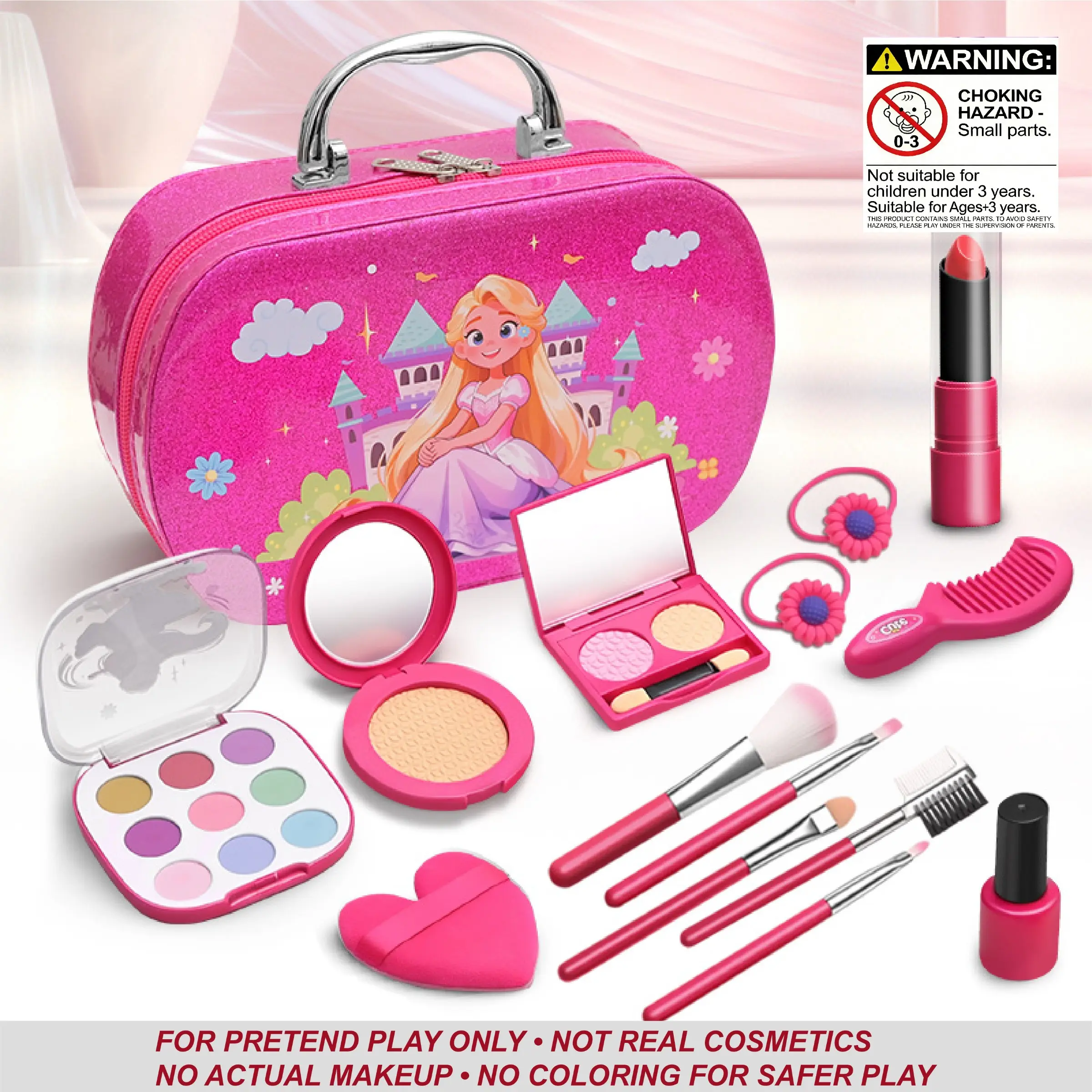 Girls Pretend Play Makeup Playset, Elegant Princess Handbag, No Paint, Assorted Role Play Accessories, Perfect Gift for Kids Ages 3+