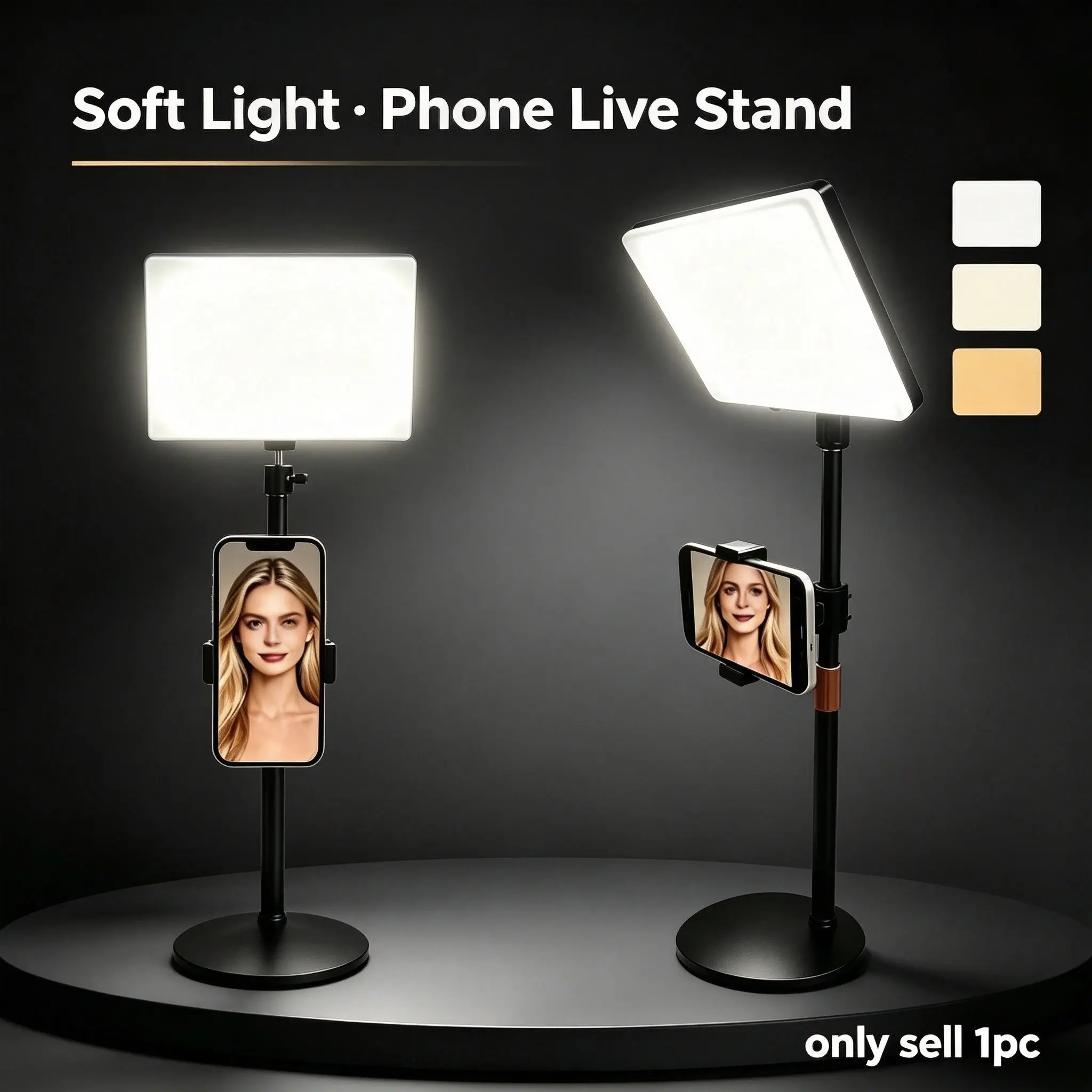 Upgrade Metal Weighted Base Desk Light, Square Panel LED, Adjustable Angle, 3 Color Temperatures, Brightness Control, Live Streaming Selfie Phone Stand