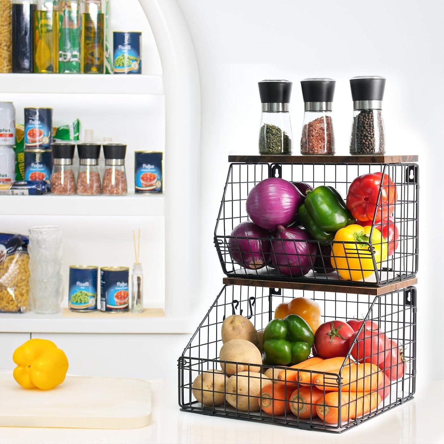 【Local Shipping】2-Pack Stackable Wall-Mounted Wire Baskets | Onion & Potato Storage with Wooden Tabletop | Countertop or Wall-Mounted Kitchen Organizer | Pantry & Counter Space-Saving Design | Rust-Resistant Metal Hanging Baskets