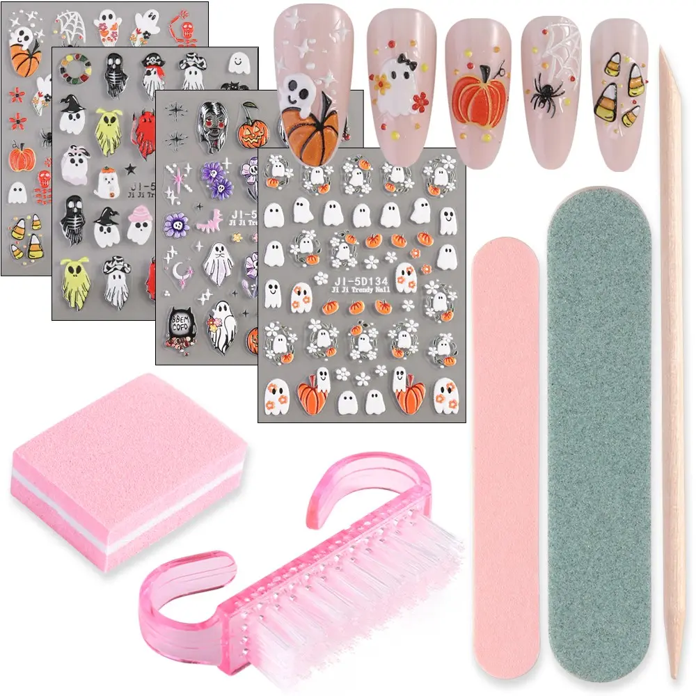 Halloween Nail Art Kit 5D Embossed Ghost Pumpkin Nail Stickers With Nail File Buffer Cleaning Brush Cuticle Stick Full Manicure Tools Set