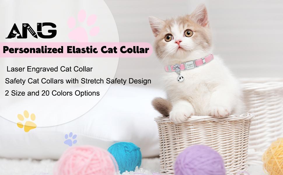Personalized Safety Elastic Cat Collars with Bell,Laser Customized Stretch Kitten Collars for Girls Boys Cats-Pink