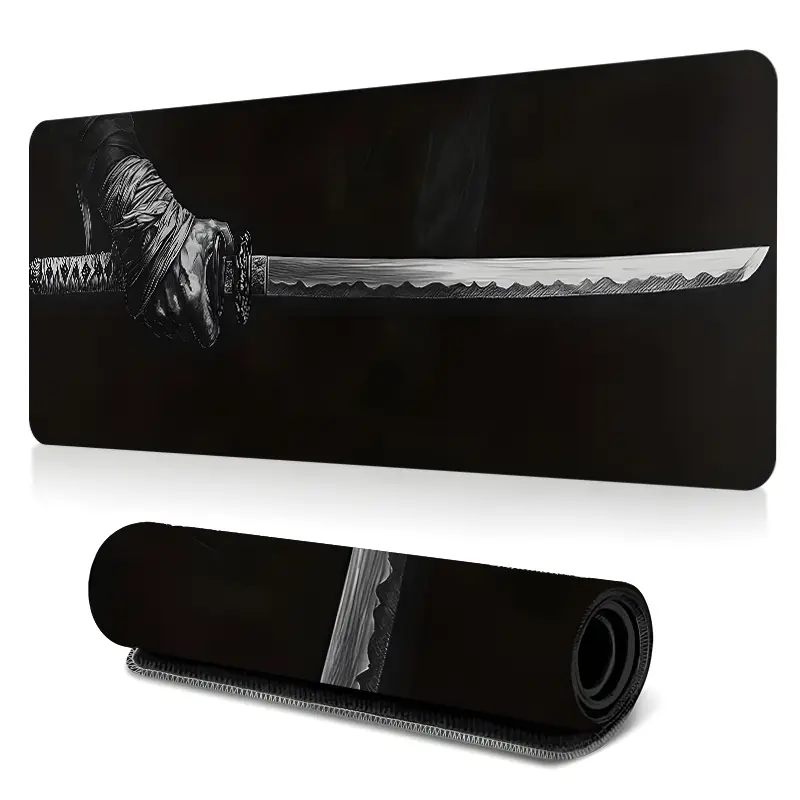 1pc Black and White Samurai Katana Large Gaming Mouse Pad, Japanese Warrior Aesthetic Extended Desk Mat, Non-Slip Stitched Edge Computer Mat, Rubber Base Keyboard Pad for Home Office & Gamer, Durable Spill-Resistant Ideal Gift