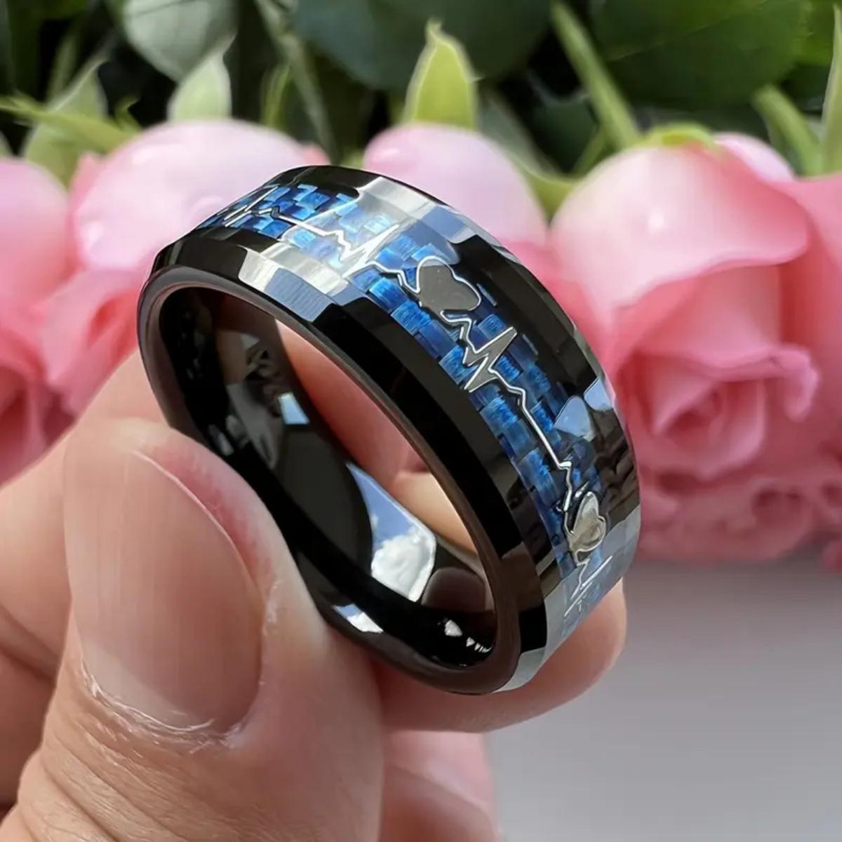 New Fashionable 8mm Stainless Steel Ring, Heartbeat Design with Carbon Fiber - Wedding Party Promise Ring