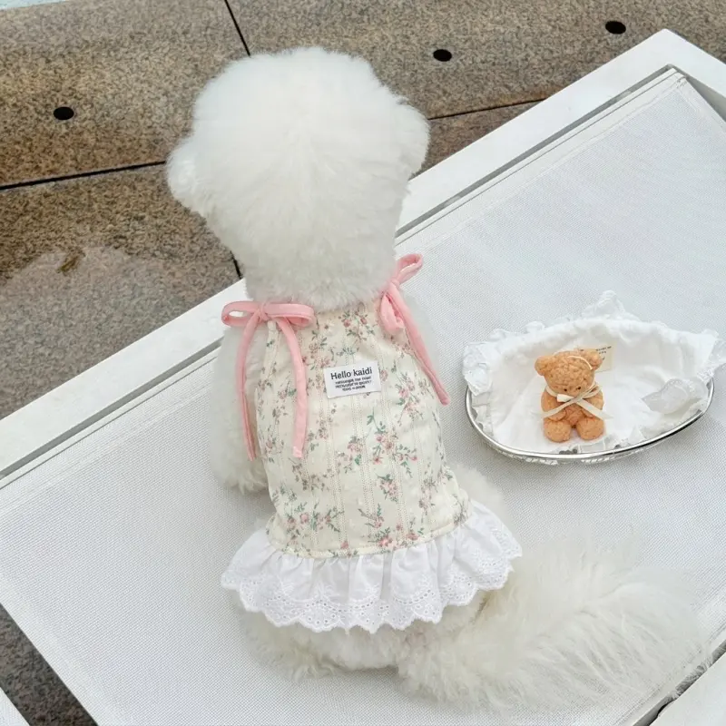Floral Sling Pet Princess Dress with Lace Trim, Breathable Summer Sundress Clothes for Small Dogs and Cats