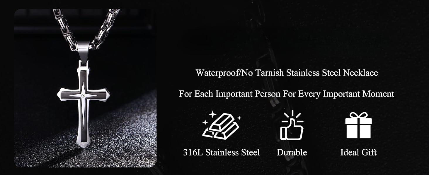 FUNRUN Black 14K Gold Plated Cross Necklace for Men | Stainless Steel Byzantine Chain 24IN | CZ Cross Pendant