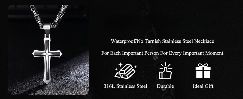 FUNRUN Black 14K Gold Plated Cross Necklace for Men | Stainless Steel Byzantine Chain 24IN | CZ Cross Pendant