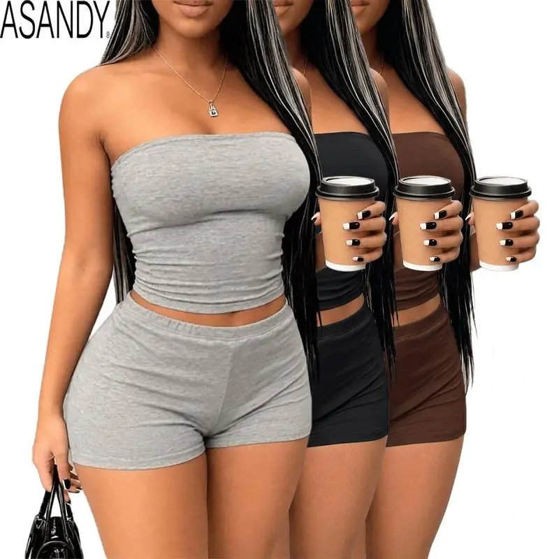 ASANDY Womens Summer Tube Top And Shorts Matching Set Casual Stretchy Yoga Lounge Wear Two Piece Outfit Vacation Beach Activewear Comfortable Trendy Athleisure Set