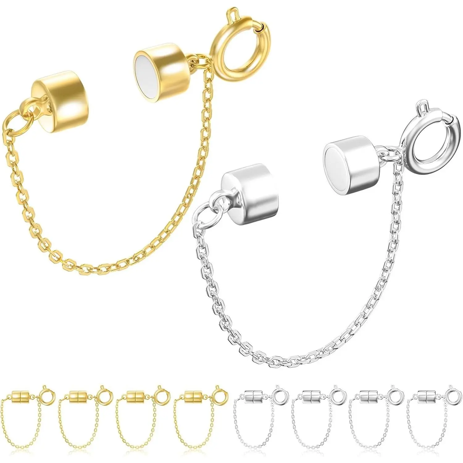 8Pcs Magnetic Bracelet Clasps and Closures with Safety Chain Never Fall Off, Gold and Silver Bracelet Extender Converter Magnetic Clasps for Women Jewelry