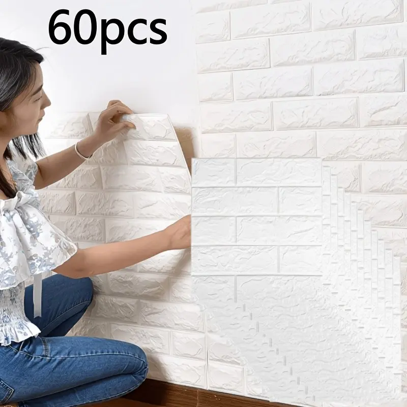 60pcs Self-Adhesive Wallpaper, Peel and Stick Wallpaper, Thick Foam Brick Pattern Wall Stickers, Bedroom Living Room Background Decor, Ceiling Decoration, Wall Renovation