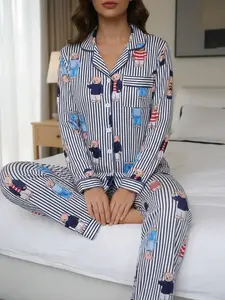 Women's Fall/Winter Printed Pajama Set, Cute Bear Print Striped Stripe Comfortable Fitted Long Sleeve Lapel Top With Pockets & Elastic Pants, Ladies Casual Homewear Loungewear Sleepwear Pjs Womenswear