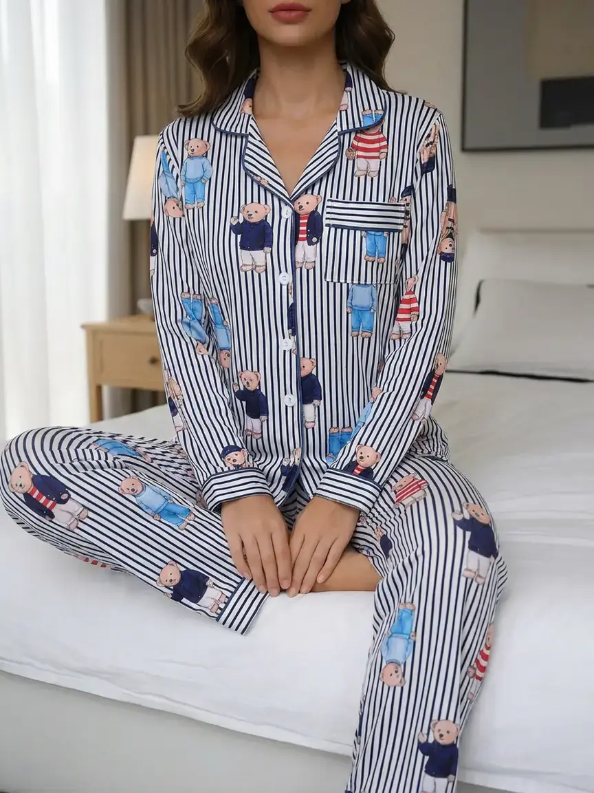 Women's Fall/Winter Printed Pajama Set, Cute Bear Print Striped Stripe Comfortable Fitted Long Sleeve Lapel Top With Pockets & Elastic Pants, Ladies Casual Homewear Loungewear Sleepwear Pjs Womenswear