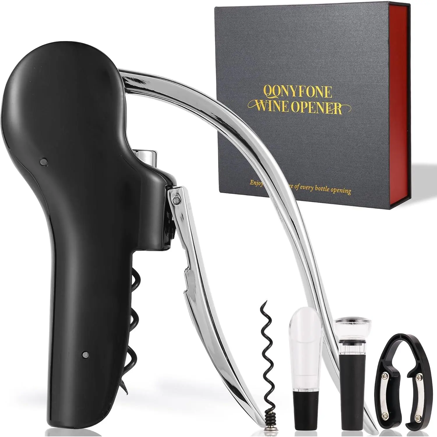 Bottle Corkscrew Opener, Vertical Lever Corkscrew 5- Set, Manual Vertical Design, Includes  , Extra Spiral,  Pourer and  Stopper, Elegant  Box, Black