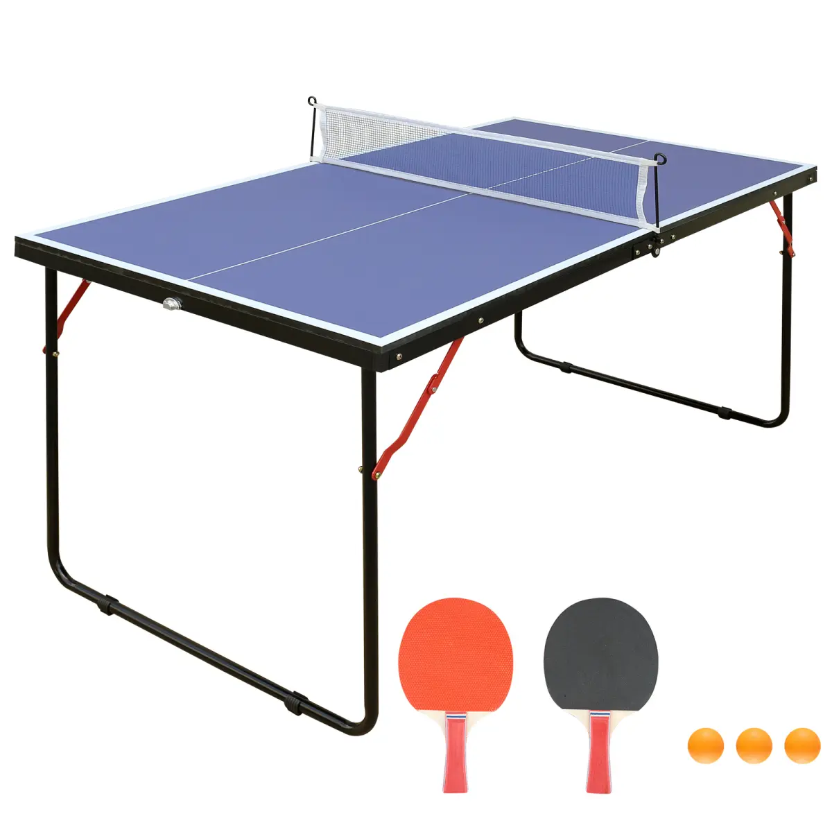 Foldable Table Tennis Table, 54" x 30" Compact MDF Game Desk with 0.5" Thick Top, Complete Set Includes Net and 2 Paddles, Multi-Purpose for Indoor Family Fitness and Fun, 53.94In L * 29.92In W * 26.38In H, Smooth Flat Finish, Compact Folding, Indoor Use,