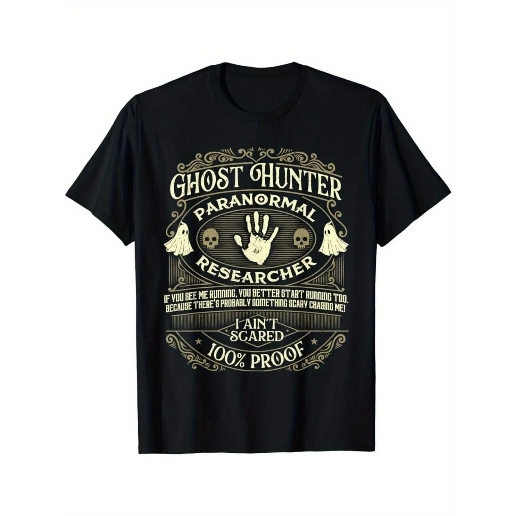 Men'S Paranormal Researcher T-Shirt - 100% Loose Fit Crew Neck, EVP Recorder & Spirit Box Graphic with Ghostly Handprint & EVP Tape Design, Spooky Themed Casual Tee for Paranormal Investigation Teams, All-Season Comfort