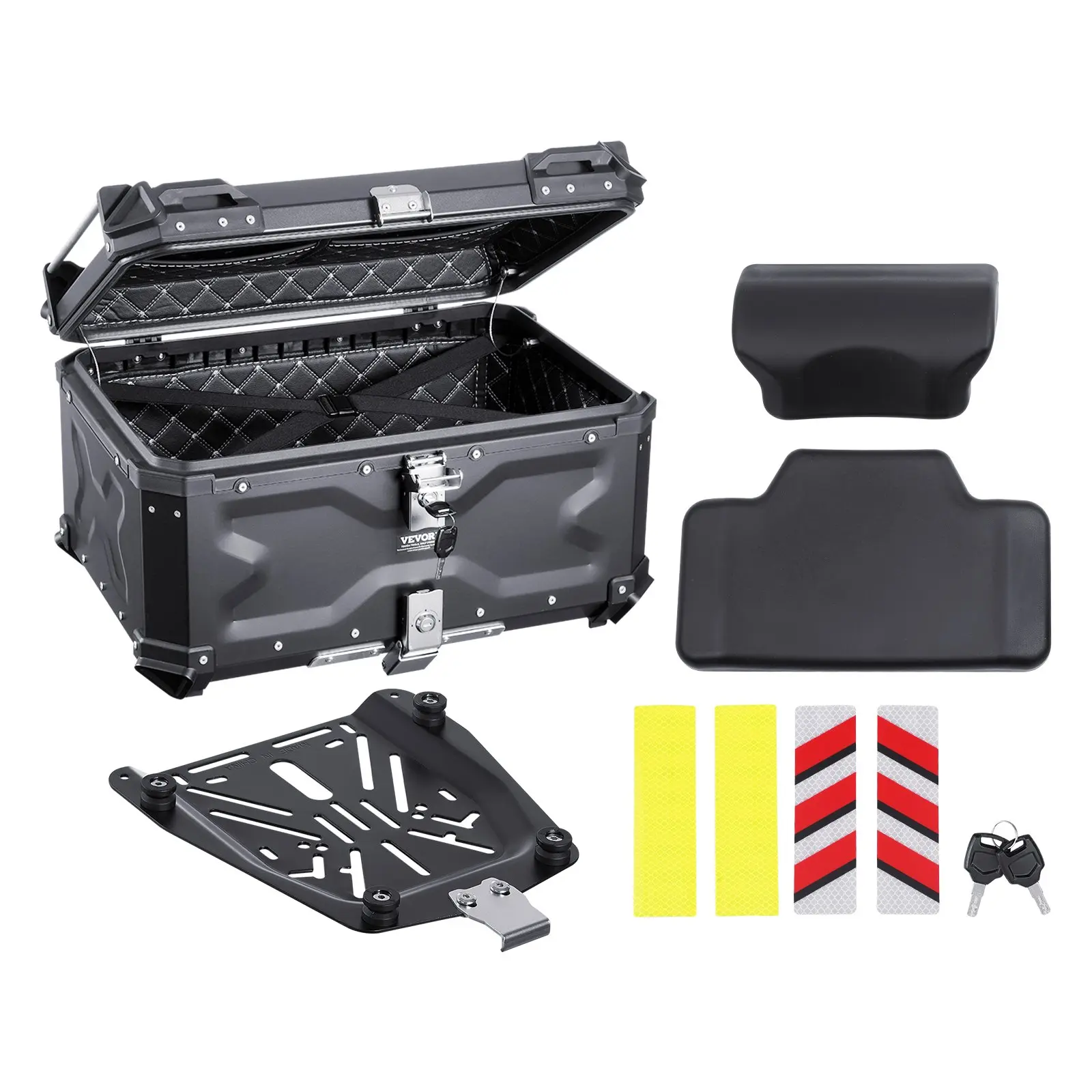 【Black Friday】65L Universal Aluminum Alloy Motorcycle Top Case, Waterproof Detachable Motorbike Tail Box with Leather Lining, Lock, Back Cushion, Fits 99% of Motorcycle Frames
