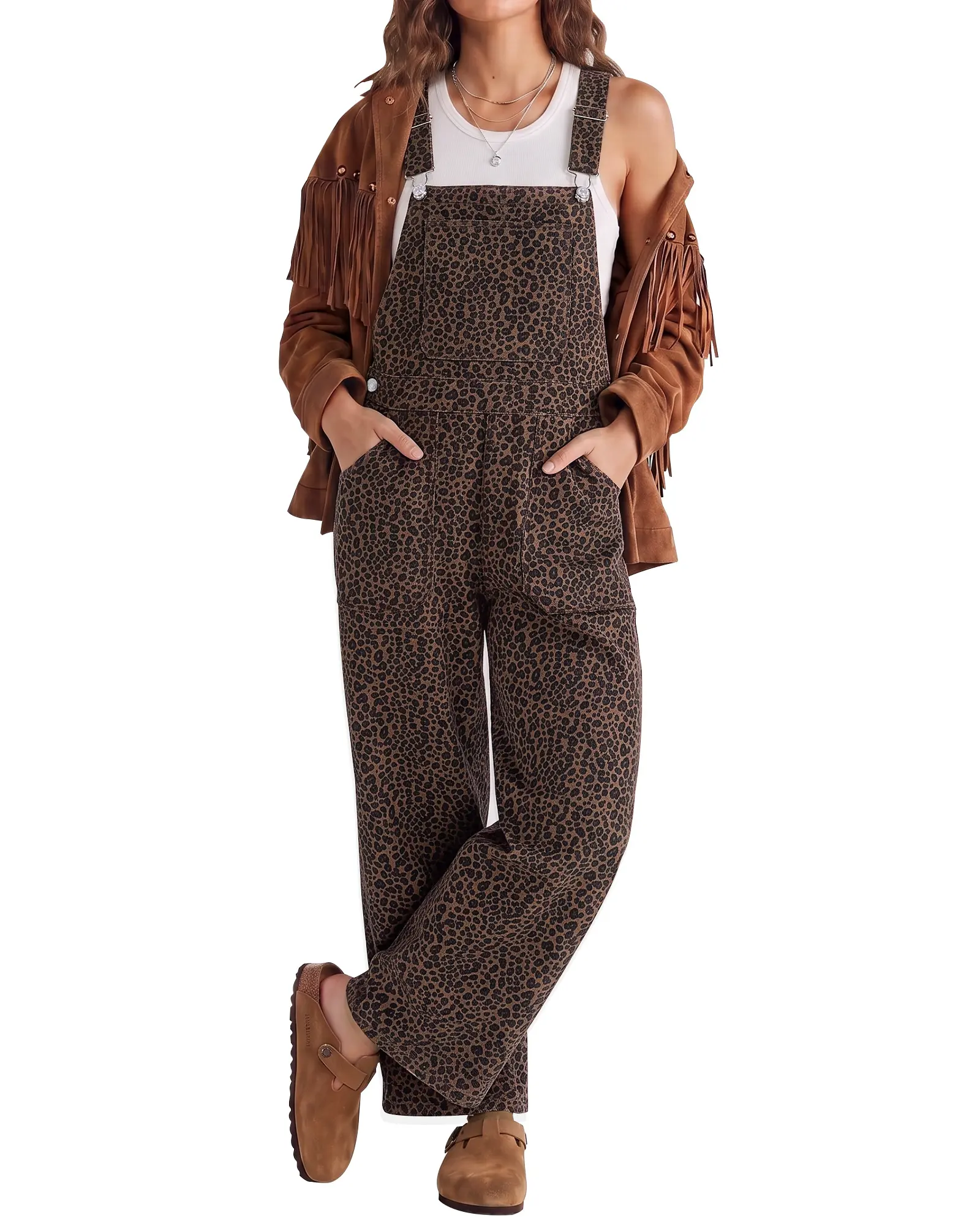 Luvamia Women's Leopard Print Denim Bib Overalls, Adjustable Strap Casual Wide-Leg Baggy Jumpsuit with Pockets, 90s Stretch Western Outfit, 27.5in Inseam, Fabric, Overalls For Women, Country Concert Outfits