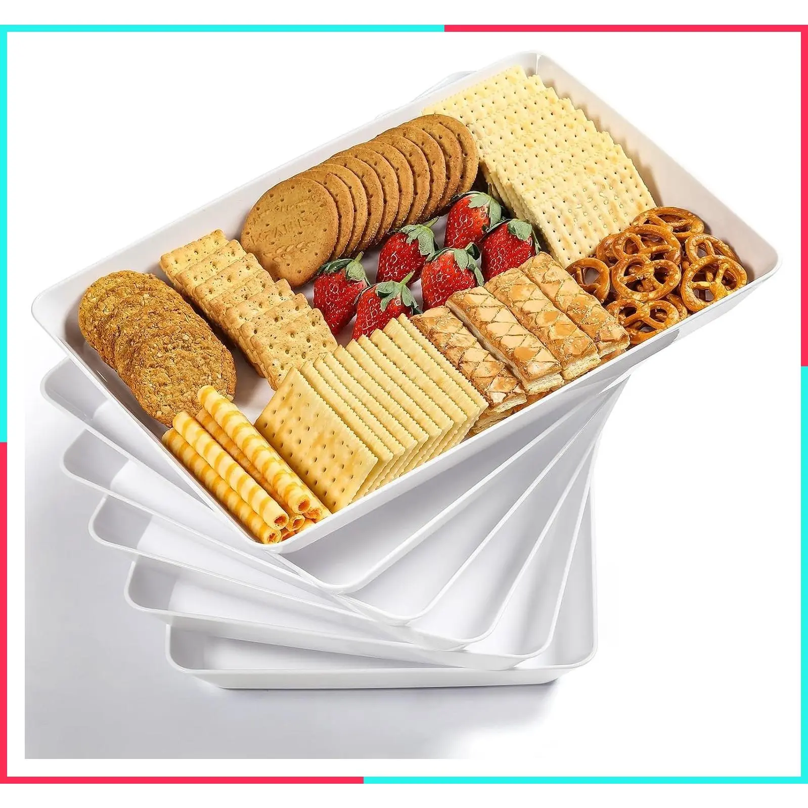 6 Pack 16" x 11" Large White Serving Trays Set - Reusable BPA-Free Plastic Platters for Cookie, Appetizer, Charcuterie, Snack, Dessert, Party Food Display - Stackable Kitchen Countertop Tray