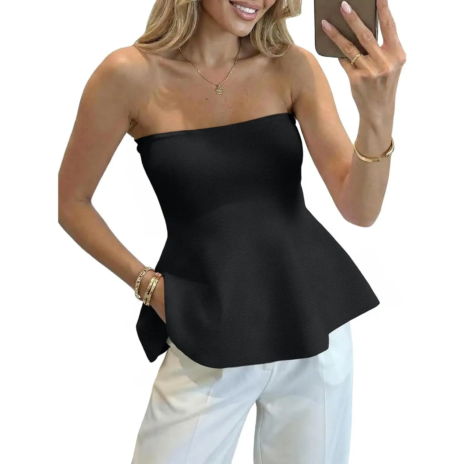 Womens Peplum Tube Tops Sleeveless Strapless Bandeau Tank Top 2026 Summer Cute Ruffle Knit Sweater Vest