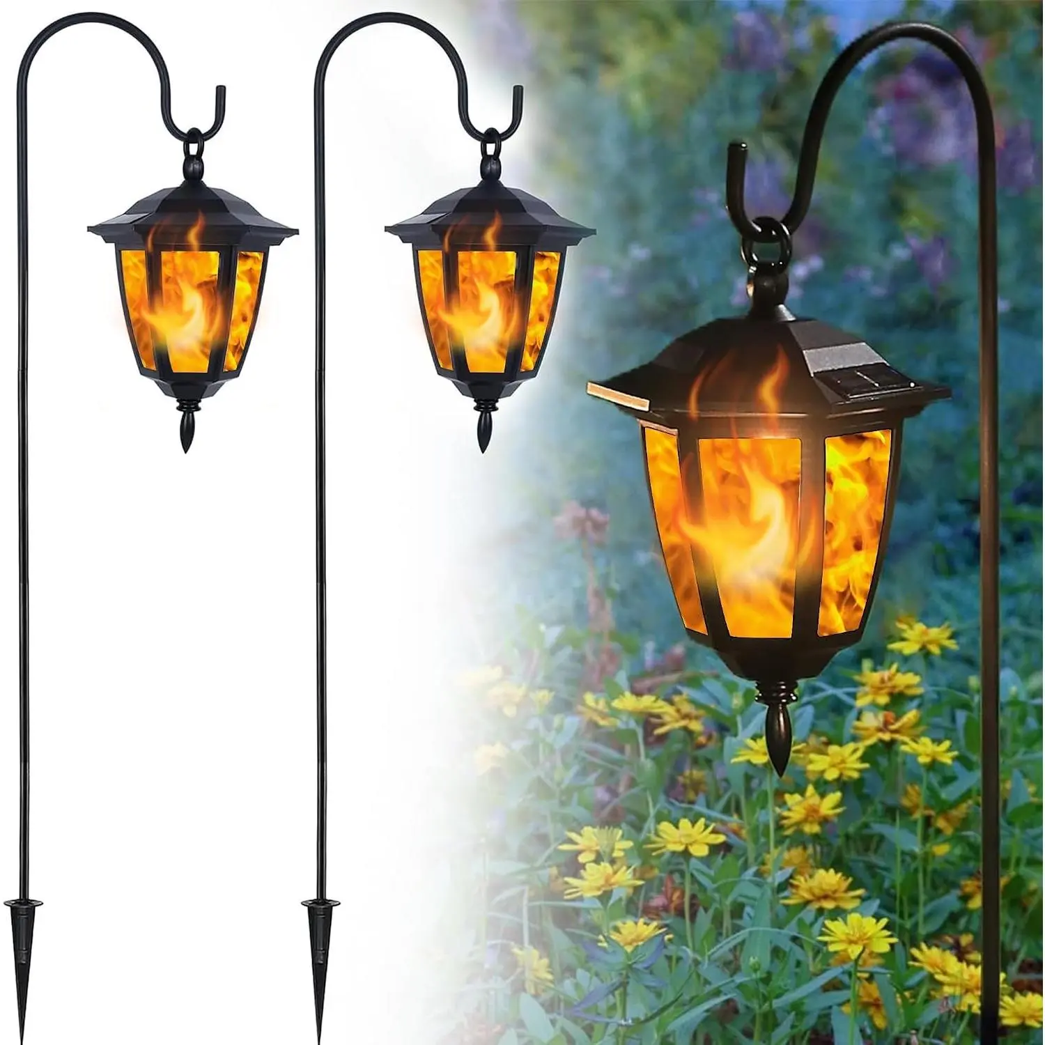 2 Pack Solar Flame Hanging Lights Outdoor, Halloween Solar Flickering Flame LED Garden Lanterns with 2 x 38 Inch Shepherd Hooks, Christmas Lighting for Lawn Patio Yard Pathway DrivewayGift