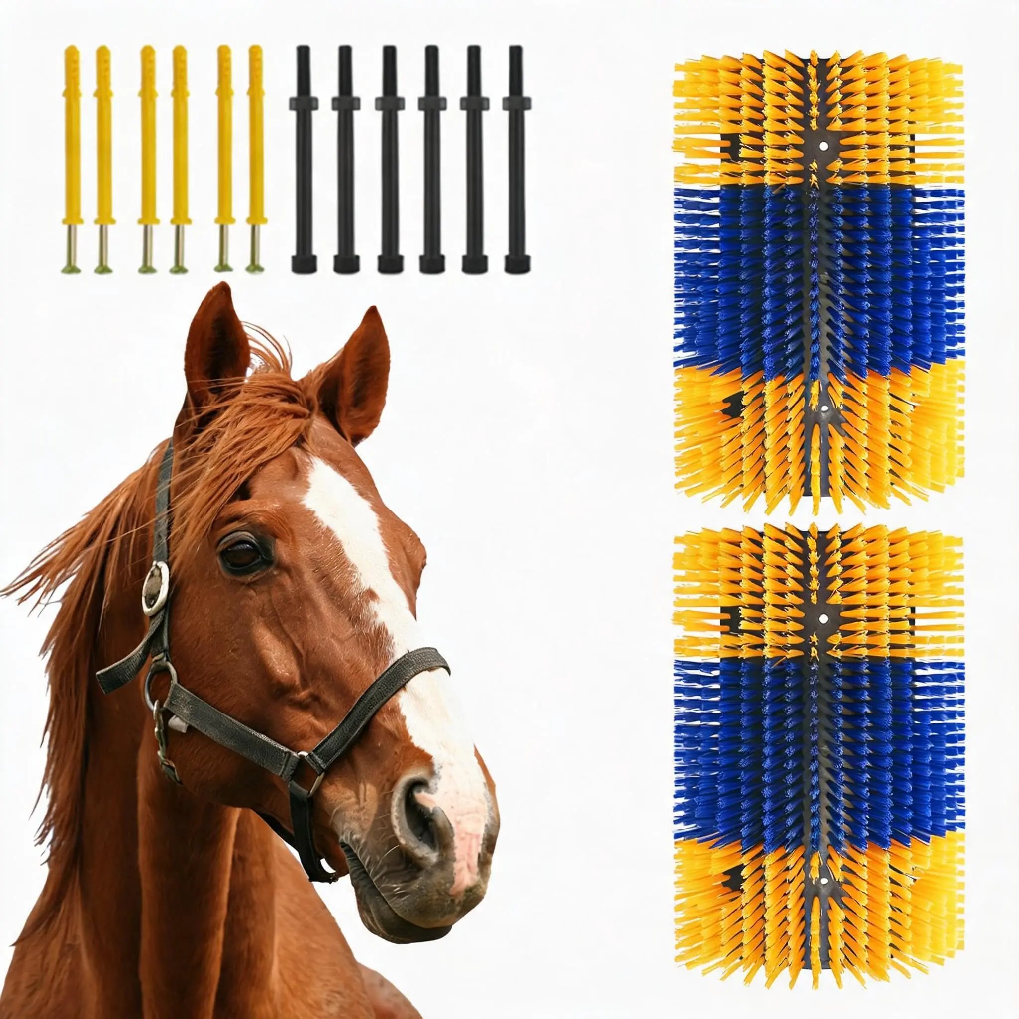 2 Pack Livestock Grooming Scratch Brushes for Cattle, Dairy Cow, Horse, Goat & Pig, Heavy Duty Plastic Nylon Bristle Curry Brush, Blue Yellow Barn Stall Fence Mount Itch Relief Farm Animal Care
