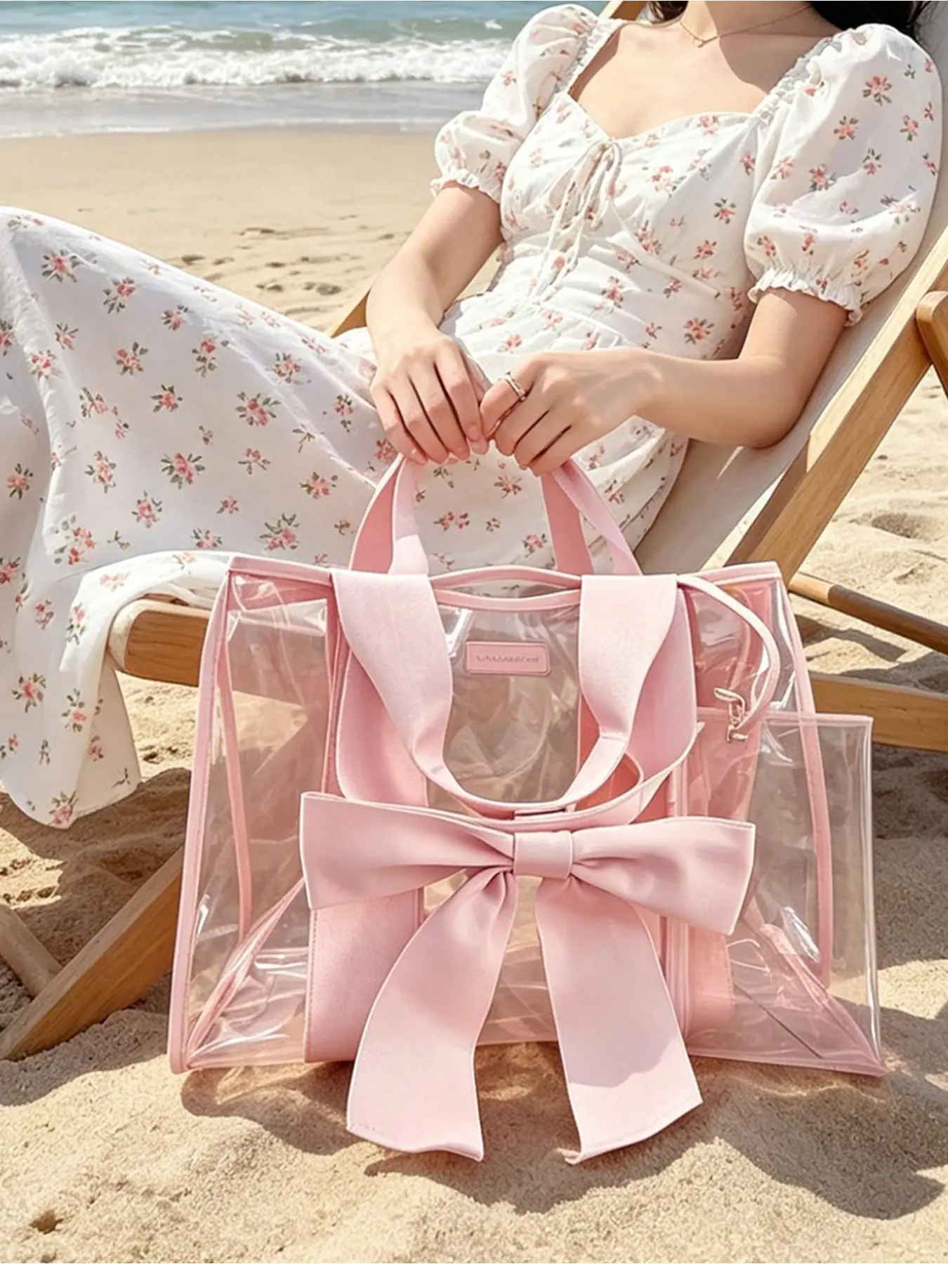 Jelly Style Handbag, PVC Tote Bag, Women's Beach Bag with Bow, Large Waterproof Zipper Bag, Travel Bag, Makeup Bag, Accessory Organizer