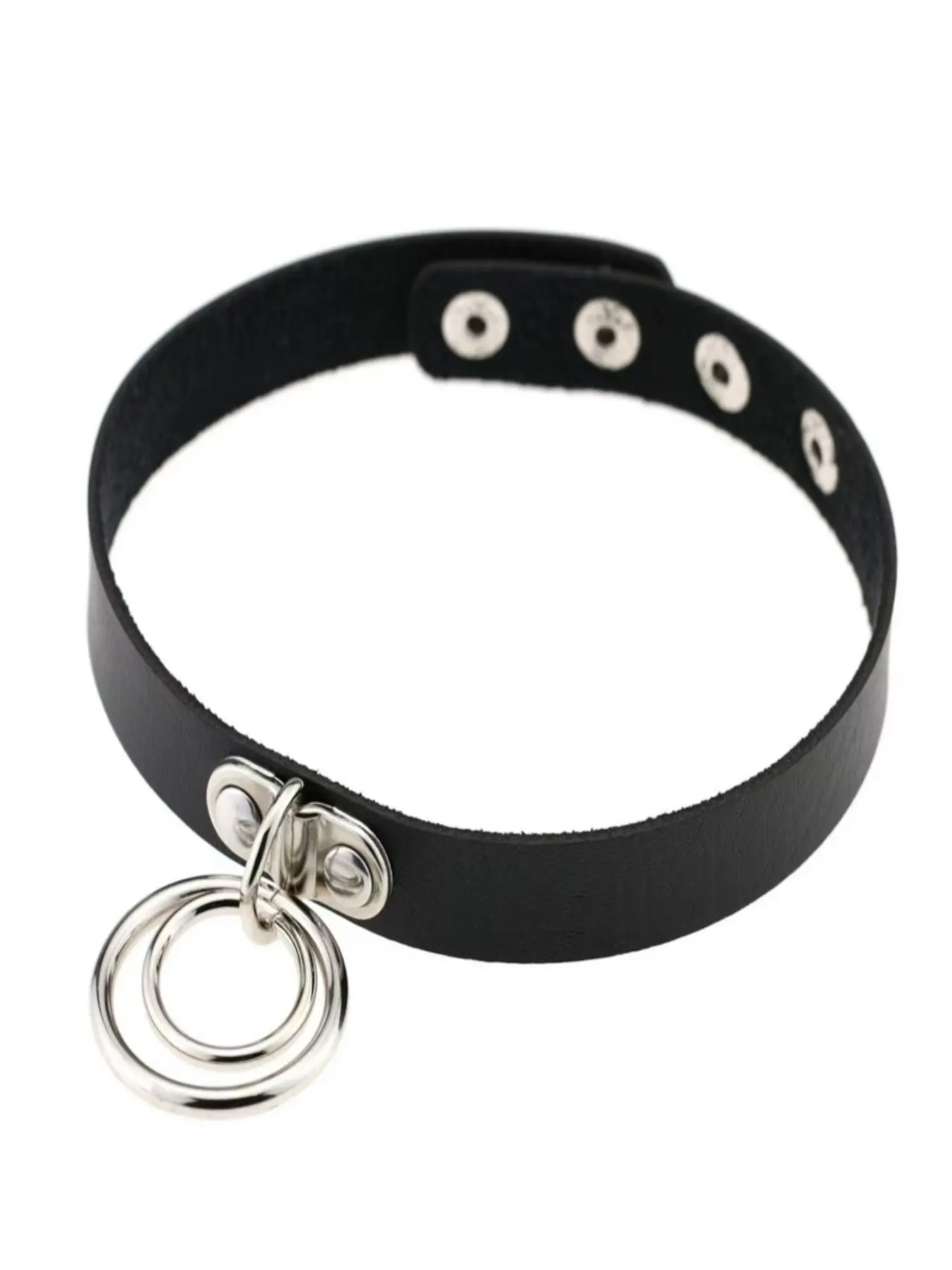 PU Leather Double O Ring Choker Necklace, Chain Choker, Adjustable Snap Rivet Gothic Punk Y2K Collar Neckband with Two Stacked Metal Circle Pendant, Unisex Neck Jewelry, Ideal for Halloween, Rock Concert, Cosplay & Dark Aesthetic Party