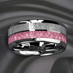 Pink Rose Meteor Inlay Band Ring, Romantic Anti-Rust Stainless Steel Women's Comfort Fit Jewelry for Casual Wear, Wedding & Anniversary