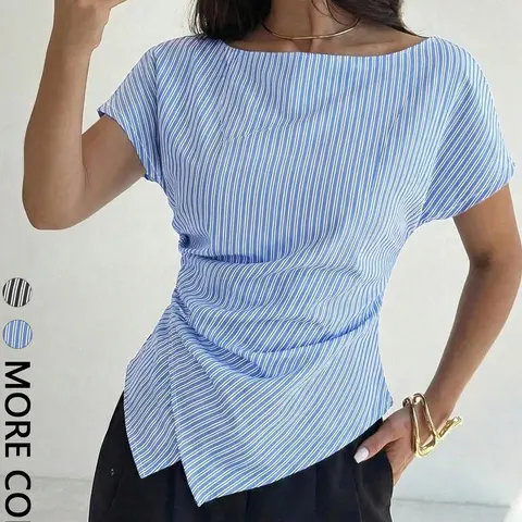 Women's Striped Round Neck Short Sleeve T-Shirt, Knot Slimming Design, Office Commute/Casual daily Wear Essential, Versatile Top, Everyday