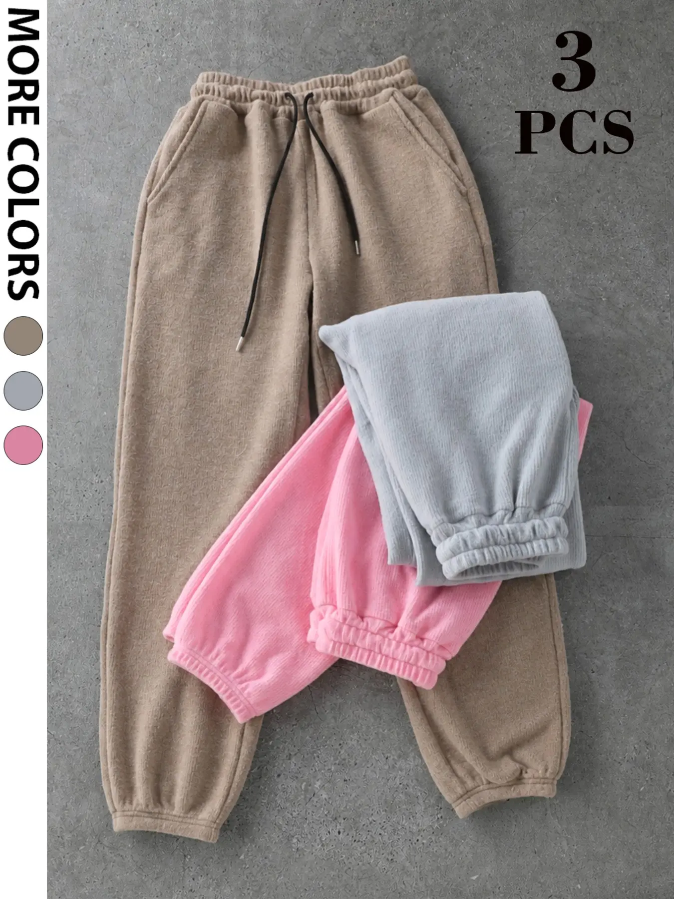 3PCS Loungewear Pants, Elastic Drawstring Waist Ribbed Sweatpants, Loose Relaxed Fit Y2K Aesthetic Coquette Daily Going‑Out Streetwear Trendy Women Trousers, Cute Feminine Casual Homewear Dating Party Outfit, Soft Cozy Figure‑Friendly Loungewear Bottoms